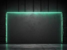 Concrete wall with green neon light like frame on dark grey background with white lights from above. photo
