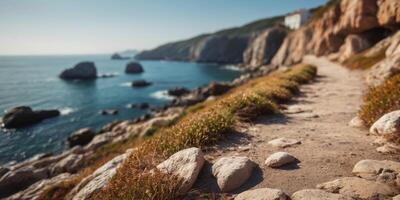 Coastal Path Along Rocky Cliffs Overlooking a Cove and the Sea. photo