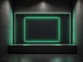 Concrete wall with green neon light like frame on dark grey background with white lights from above. photo
