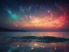 Starry Night Sky with Colorful Nebula and Reflective Ocean at Twilight. photo