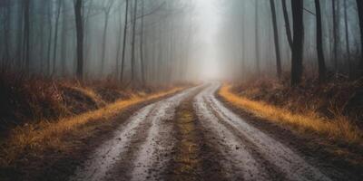 Muddy forest road disappearing into the fog on a gloomy day. photo