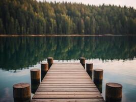 a dock sitting on top of a lake next to a forest. photo