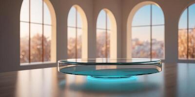 Minimalist Interior with Arches and Glass Platform. photo