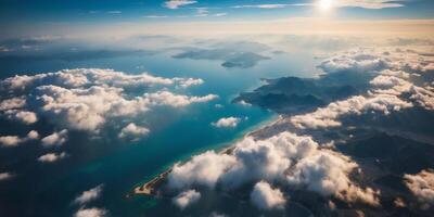 Aerial View of Earth's Surface with Clouds and Ocean. photo