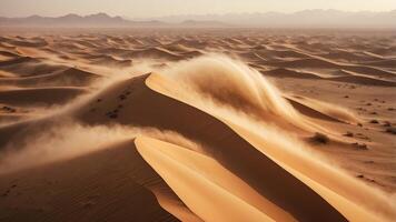 aerial view of a sandstorm sweeping across the desert. photo