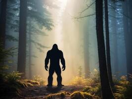 silhouette of Bigfoot standing in the foggy forest. photo