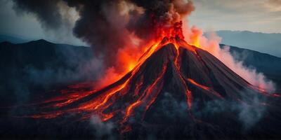 Aerial View of Dramatic Volcanic Eruption with Smoke and Lava. photo