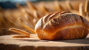 A loaf of bread sits on a table next to some wheat. photo