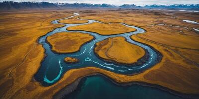 Aerial View of a Winding River in Iceland. photo