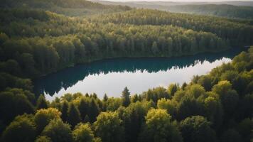 Aerial View of a Lush Forest Surrounding a Tranquil Lake. photo