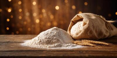 Burlap sack of flour spilling onto a rustic wooden table with golden wheat stalks beside it. photo