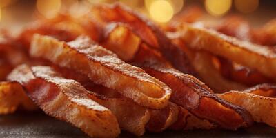 crunchy fried bacon strips background full frame banner. photo