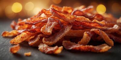 crunchy fried bacon strips background full frame banner. photo