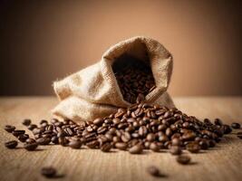 Burlap Sack Spilling Fresh Coffee Beans on Neutral Background - Rustic and Aromatic Coffee Concept. photo