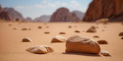 clouds of sand blow around rocks in the midst of a vast sand desert in wadi rum desert jordan. photo