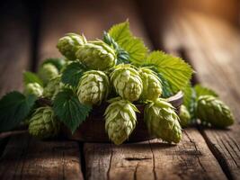 Fresh green hops branch on an aged wooden table with a rustic barrel. photo