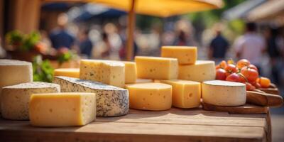 Outdoor space with artisan cheese stalls copy space image. photo