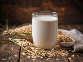 Glass of oat milk with oats surrounding it on a rustic wooden table. photo