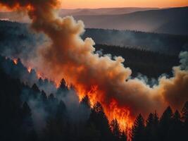 Aerial view of a devastating forest fire at dusk with smoke and flames. photo