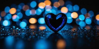 Blurred blue objects on black heart shaped background. photo