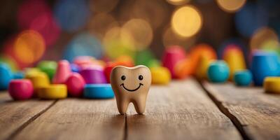 Decorative Tooth Figurine With Smiling Face on Rustic Wooden Table Surrounded by Colorful Objects. photo