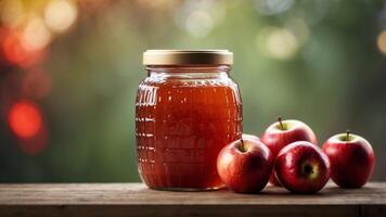 Harvest Bounty - Apple Jam Jar and Fresh Red Apples on Display. photo