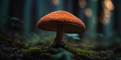 Mysterious Dark Forest with Enigmatic Large Mushroom Silhouette. photo