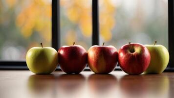 Autumn Apples on Table with Window Background. photo