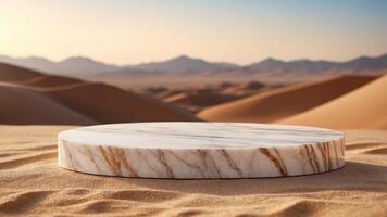 Empty marble podium displaying on sandy desert background. photo