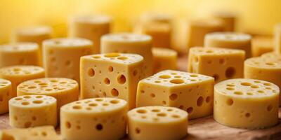 Cheese surface with holes for yellow background. photo
