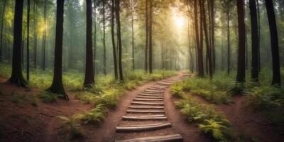 Panoramic image of a path in a forest in the morning. photo