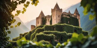 Majestic ancient castle with overgrown ivy perfect for magical and mysterious backgrounds. photo