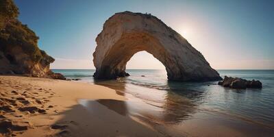 Sea Cave Entrance with Sandy Beach and Ocean View. photo