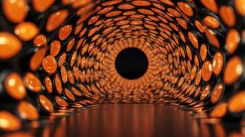 Twisty and repetitive circular geometric tunnel made out of shiny reflective orange and black colors. photo