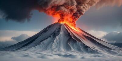 Aerial View of Volcanic Eruption in Snowy Landscape. photo