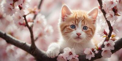 A kitten inside the cherry blossoms seen from above. photo