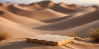 square podium with desert and sand dune background for display product advertising. photo
