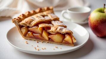 top view of an apple pie on a white table. photo