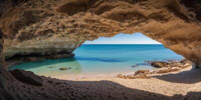 A serene view from a coastal cave revealing a tranquil beach and calm azure waters on a bright sunny day. photo