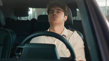 Frustrated stressed worried irritated angry Caucasian driver worry about traffic jam lateness business failure relationship breakup auto broken lost man problem sit in car automobile driving trouble photo