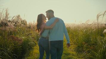 Back view happy family Caucasian married couple loving man kissing woman walk hugging embracing cuddle. Romantic spouses holding hands husband kiss wife stroll outside sunny morning wheat rural meadow photo