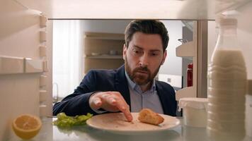 Hungry adult Caucasian businessman entrepreneur man after work open empty refrigerator with half lemon, lettuce leaf, bottle of milk and slice of bread eat crumbs POV point of view from inside fridge photo