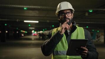 Heavy industry technology engineer Arabian man Indian builder in hard hat electrician architect manufacture worker think pensive ponder problem solution use digital tablet check cyber security system photo