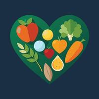 Heart shaped vegetables and fruits on a dark background vector