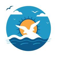 A bird flying over the ocean with the sun in the background vector