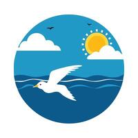 A bird flying over the ocean with a sun and clouds vector