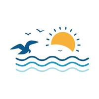 A bird flying over the ocean with the sun in the background vector