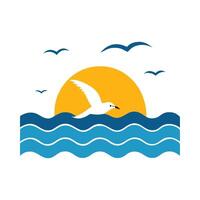 Seagull flying over the ocean with sun in the background vector
