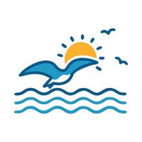 A bird flying over the ocean with a sun in the background vector