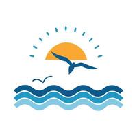 A logo with a bird flying over the ocean and waves vector